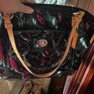 Coach Black and Brown Shoulder Bag with Glossy Finish